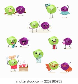 Illustration with funny set of cabbage, collection of characters doing sports, playing musical instruments, riding. Funny and healthy food. Cute face food, ingredients, vegetarianism, vector cartoon.