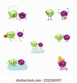 Illustration with funny set of cabbage, collection of characters doing sports, playing musical instruments, riding. Funny and healthy food. Cute face food, ingredients, vegetarianism, vector cartoon.