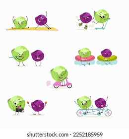 Illustration with funny set of cabbage, collection of characters doing sports, playing musical instruments, riding. Funny and healthy food. Cute face food, ingredients, vegetarianism, vector cartoon.