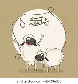 Illustration of funny Sheeps with Arabic Islamic Calligraphy Text Eid-Al-Adha Mubarak in a frame for Muslim Community, Festival of Sacrifice Celebration.