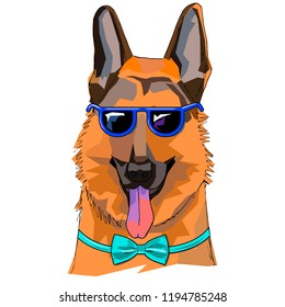 The illustration of funny shepherd dog with the glasses and bow tie