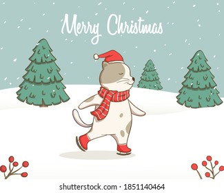 illustration of funny skating white cat with red scarf on pine tree background