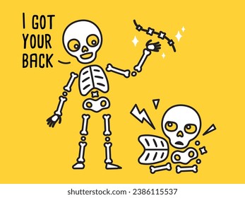 An illustration of a funny skeleton holding the back of another.