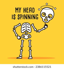 an Illustration of a funny skeleton. A skeleton spinning its own head