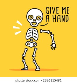 An illustration of a funny skeleton who has lost one hand.