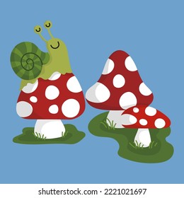 Illustration of a funny snail on a mushroom and two more mushrooms