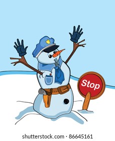 Illustration of funny snowman with police suit and stop sign