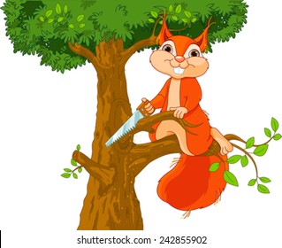Illustration of funny squirrel saws branch 