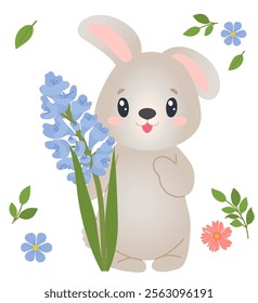 Illustration with funny standing gray rabbit holding geocinth flower in its paw. Vector illustration for poster, greeting card or invitation, labels or tags