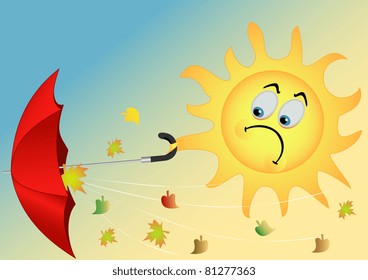 Illustration of the funny sun with an umbrella and flying leaves