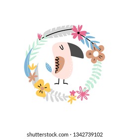 Illustration with funny toucan with floral frame, isolated on white background. Vector clipart for kids.