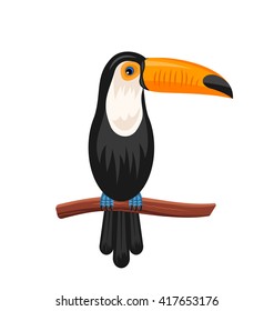 Illustration Funny Toucan Sitting on Branch, Exotic Bird Isolated on White Background - Vector