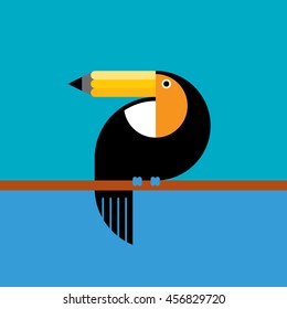 Illustration Funny Toucan Sitting on Branch with pencil, creative vector