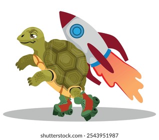 Illustration of the funny turtle on roller skates with rocket on its back.