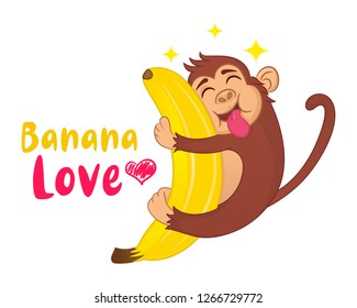 Illustration of Funny vector cartoon monkey hugging a banana with his tongue hanging out. Сoncept of hungry animal. Design for print, t-shirt, party decoration, logotype, emblem sticker.