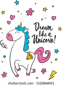 Illustration with funny vector unicorn