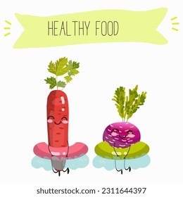 Illustration with funny vegetables characters  black swede, Danish swede, red winter radish. Funny and healthy food. Vitamins, salad, cute face food, ingredients.