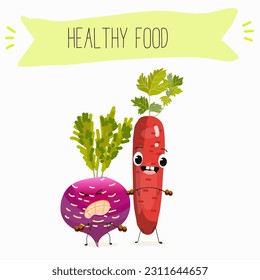 Illustration with funny vegetables characters  black swede, Danish swede, red winter radish. Funny and healthy food. Vitamins, salad, cute face food, ingredients.