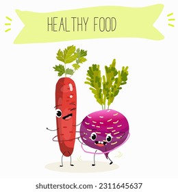 Illustration with funny vegetables characters  black swede, Danish swede, red winter radish. Funny and healthy food. Vitamins, salad, cute face food, ingredients.