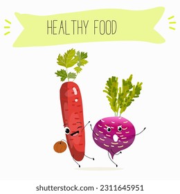 Illustration with funny vegetables characters  black swede, Danish swede, red winter radish. Funny and healthy food. Vitamins, salad, cute face food, ingredients.