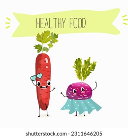 Illustration with funny vegetables characters  black swede, Danish swede, red winter radish. Funny and healthy food. Vitamins, salad, cute face food, ingredients.