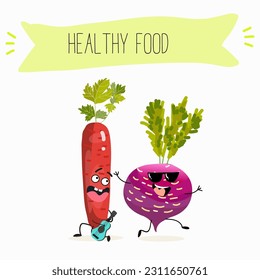 Illustration with funny vegetables characters  black swede, Danish swede, red winter radish. Funny and healthy food. Vitamins, salad, cute face food, ingredients.