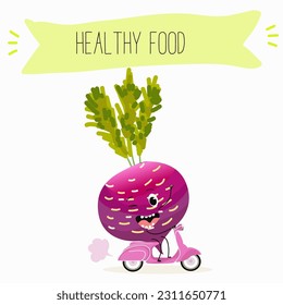 Illustration with funny vegetables characters  black swede, Danish swede, red winter radish. Funny and healthy food. Vitamins, salad, cute face food, ingredients.