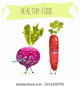 Illustration with funny vegetables characters  black swede, Danish swede, red winter radish. Funny and healthy food. Vitamins, salad, cute face food, ingredients.