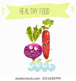 Illustration with funny vegetables characters  black swede, Danish swede, red winter radish. Funny and healthy food. Vitamins, salad, cute face food, ingredients.