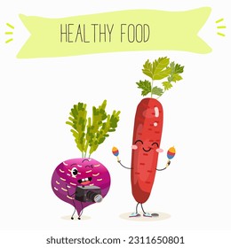 Illustration with funny vegetables characters  black swede, Danish swede, red winter radish. Funny and healthy food. Vitamins, salad, cute face food, ingredients.