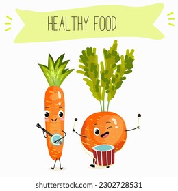 Illustration with funny vegetables characters  paris carrot, pectin,
 beta carotene, vegetarian, daucus carota, dutch carrot. Funny and healthy food. Vitamins, salad, cute face food, ingredients.