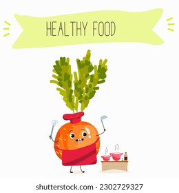 Illustration with funny vegetables characters  paris carrot, pectin,
 beta carotene, vegetarian, daucus carota, dutch carrot. Funny and healthy food. Vitamins, salad, cute face food, ingredients.