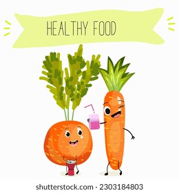 Illustration with funny vegetables characters  paris carrot, pectin,
 beta carotene, vegetarian, daucus carota, dutch carrot. Funny and healthy food. Vitamins, salad, cute face food, ingredients.