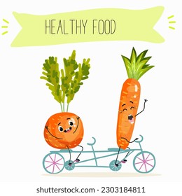 Illustration with funny vegetables characters  paris carrot, pectin,
 beta carotene, vegetarian, daucus carota, dutch carrot. Funny and healthy food. Vitamins, salad, cute face food, ingredients.