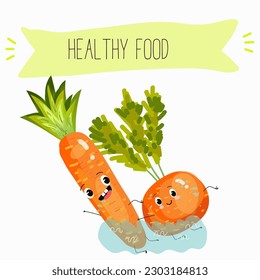 Illustration with funny vegetables characters  paris carrot, pectin,
 beta carotene, vegetarian, daucus carota, dutch carrot. Funny and healthy food. Vitamins, salad, cute face food, ingredients.