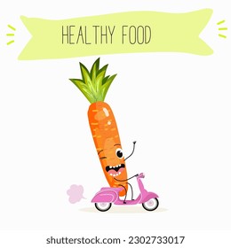 Illustration with funny vegetables characters   pectin, beta carotene, vegetarian, dutch carrot. Funny and healthy food. Vitamins, salad, cute face food, ingredients.
