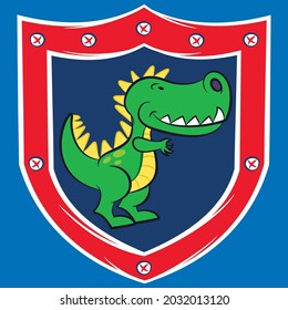 Illustration of a funny walking dragon and a cute medieval shield in the background