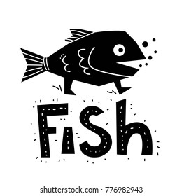 Illustration of a funny walking fish in cartoon style. Ideal for children's goods, to print on t-shirts, dresses, shoes, bags