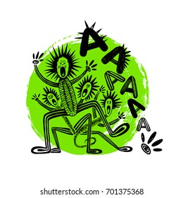 An illustration with funny walking monster screaming " A A A !". Vector composition on white background.