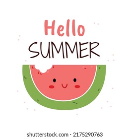 Illustration with Funny watermelon.Poster with summer cute character.Hello Summer.Children's Illustration for book, clothes print.