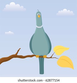 An illustration of a funny-looking wood pigeon on a tree branch.