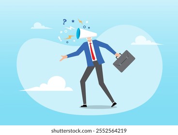 An illustration of furious businessman boss megaphone head shouting complaint on everything. Complain on everything, blame other people, negative feedback, displeased manager concept