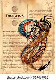 illustration of furious Dragon drawing on old vintage book page