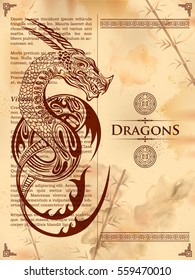 illustration of furious Dragon drawing on old vintage book page