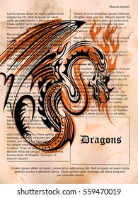 illustration of furious Dragon drawing on old vintage book page