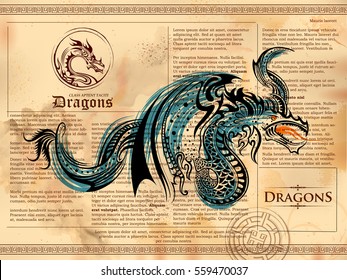 illustration of furious Dragon drawing on old vintage book page