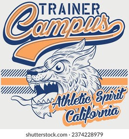 illustration of a furious puma tiger in college style with varsity texts with simulation of embroidery and contrasting background, college color.