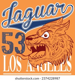 illustration of a furious puma tiger in college style with varsity texts with simulation of embroidery and contrasting background, college color.
