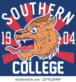 illustration of a furious puma tiger in college style with varsity texts with simulation of embroidery and contrasting background, college color.