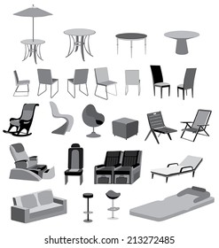 Illustration of furniture chairs, tables and objects vector isolated